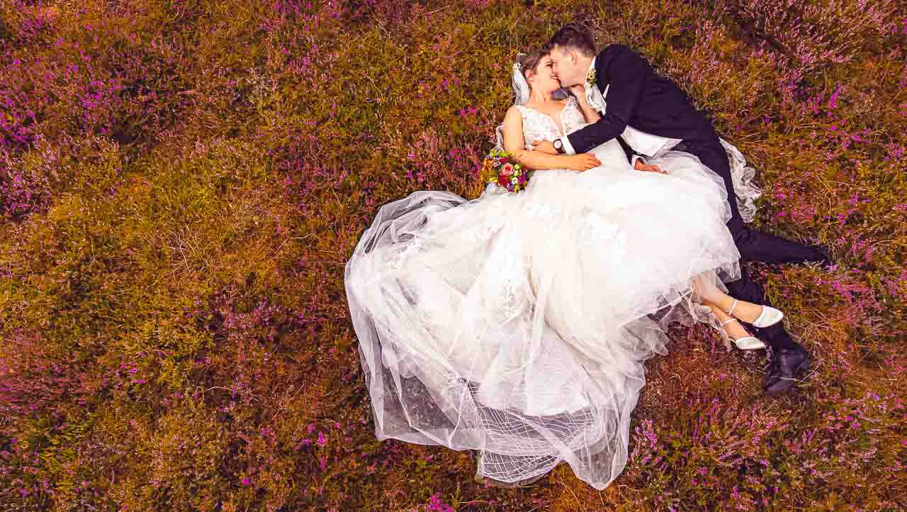 Verträumte Hochzeit: Brautpaar kuschelt in blühender Heide. Romantische Szene mit weißem Brautkleid und dunklem Anzug. Liebe in der Natur. Hochzeitsfotos Hannover Hildesheim