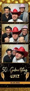 Lutz' 50. Geburtstag: Goldene Ballons, Konfetti und fröhliche Freunde mit Hüten in einer lustigen Fotobox-Collage. Stimmungsvolle Party-Erinnerung.