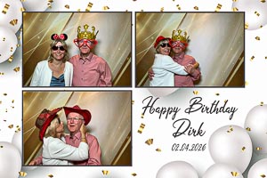 Schoene Geburtstagsbilder: Ein Paar mit lustigen Accessoires und festlicher Stimmung, festgehalten in einer Collage voller Freude und unvergesslicher Momente.