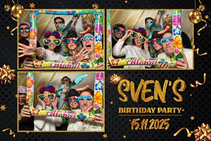 Svens Geburtstagsfeier: Eine heitere Collage von Freunden, die mit bunten Accessoires und 'Aloha!'-Rahmen ausgelassen posieren fuer unvergessliche Erinnerungen.