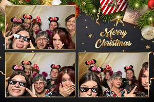 Festliche Stimmung: Eine entzueckende Collage zeigt eine Gruppe von Frauen mit verspielten Minnie-Maus-Ohren und witzigen Pixel-Sonnenbrillen, frohe Weihnachten!