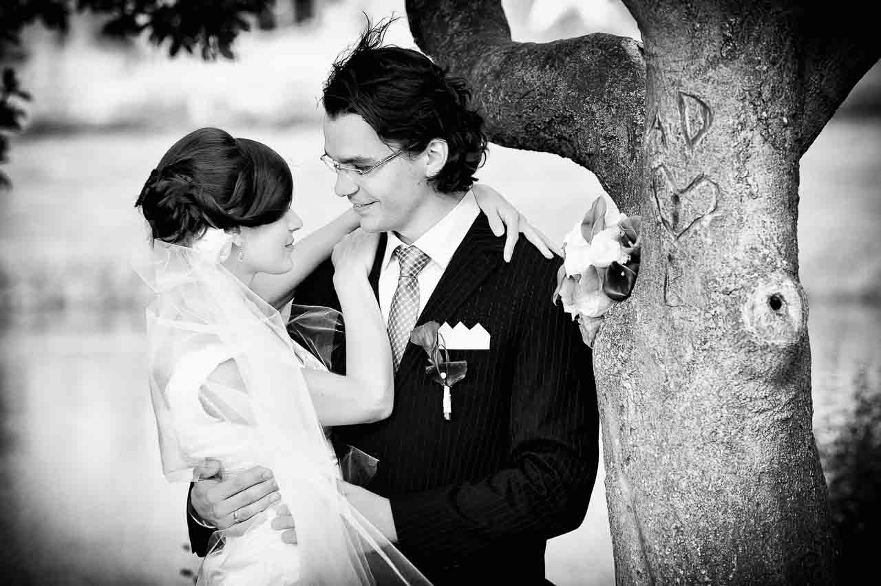 Romantisches Brautpaar in Langenhagen, vertraeumt an einen Baum gelehnt, auf dem Initialen und ein Herz eingeritzt sind. Ein schoenes Hochzeitsfoto.